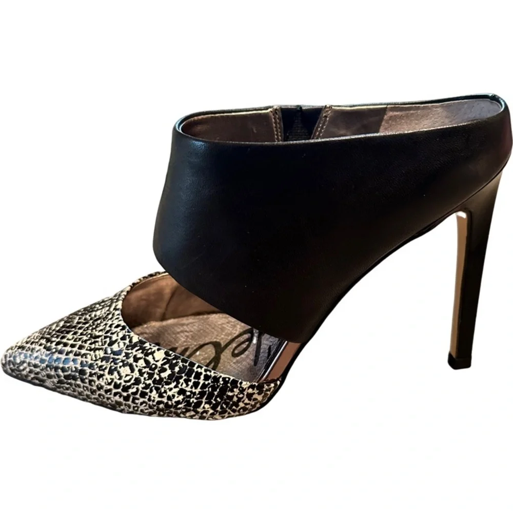 Sam Edelman Monroe Black Cream Leather Pointed Toe Stiletto Heel Mules Shoes - Picture 4 of 12
